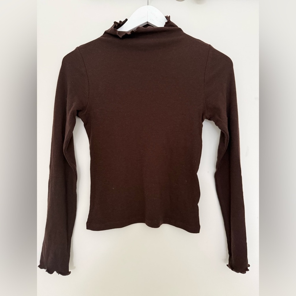 Rouje Galina Lettice Trim Turtle Neck Mock neck Brown Ribbed Long-Sleeve